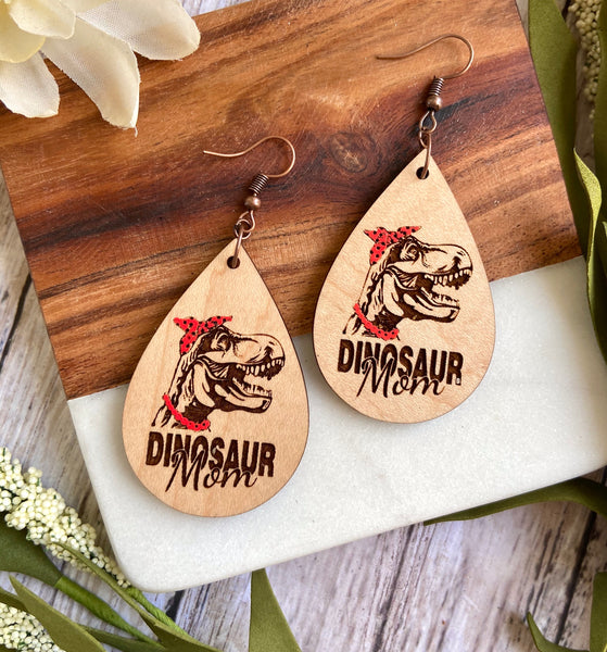 Dinosaur Mom Wood Teardrop Earrings