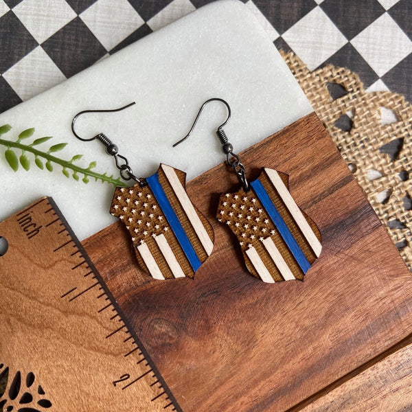 Thin Blue Line Wood Earrings