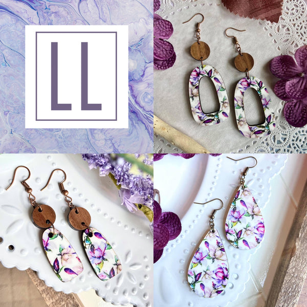 Purple Watercolor Floral Wood Earrings