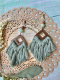 Dusty Blue Walnut Wood Macrame Earrings