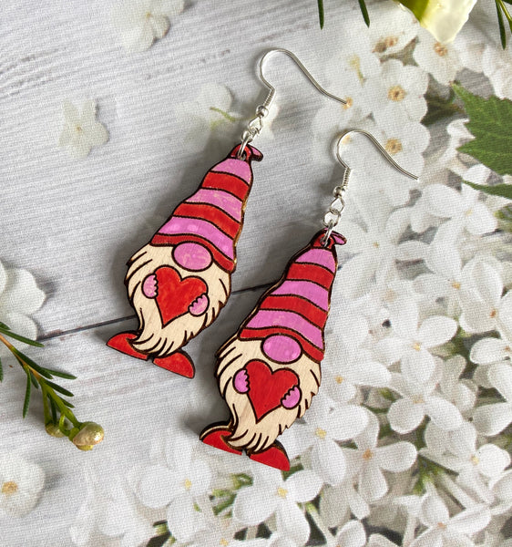 Hand painted Wood Gnome Earrings (Holding Hearts)