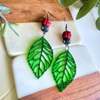 Ladybug and Leaf Clay and Acrylic Earrings