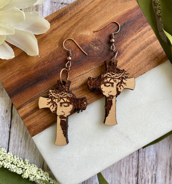 Crown Of Thorn Wood Cross Earrings