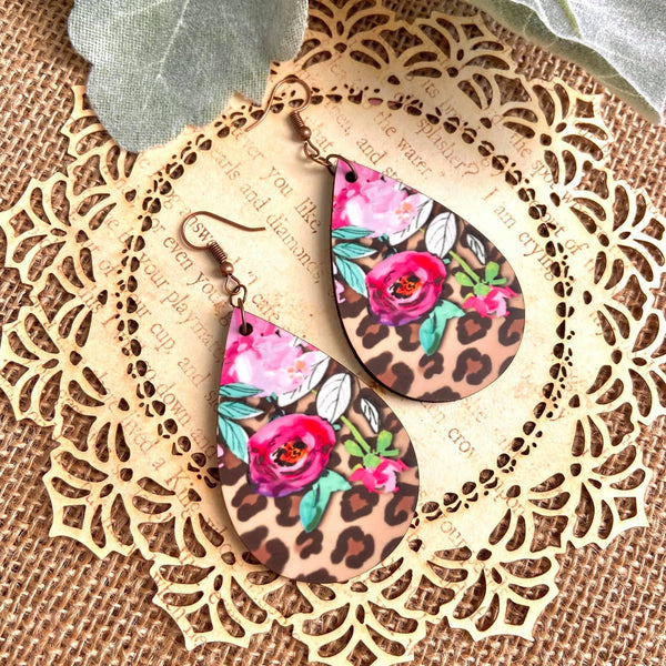 Floral Cheetah Teardrop Earrings on Sub Wood