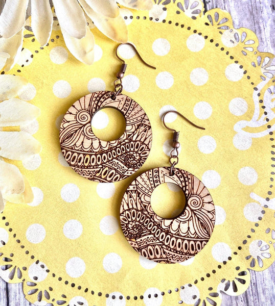 Maple Wood Engraved Hoop Earrings