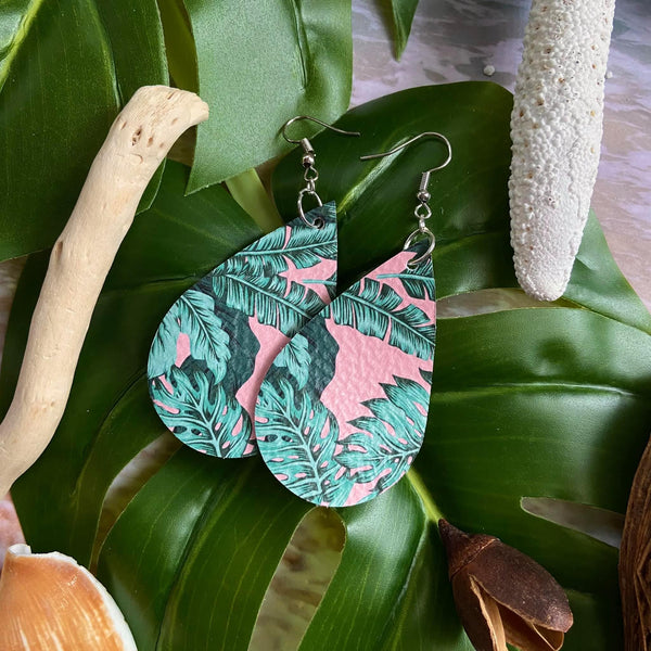 Turquoise and Pink Palm Leather Teardrops Earrings