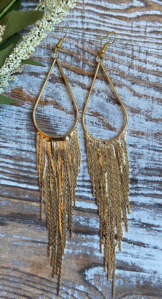 Gold Metal Fringed Teardrop Earrings