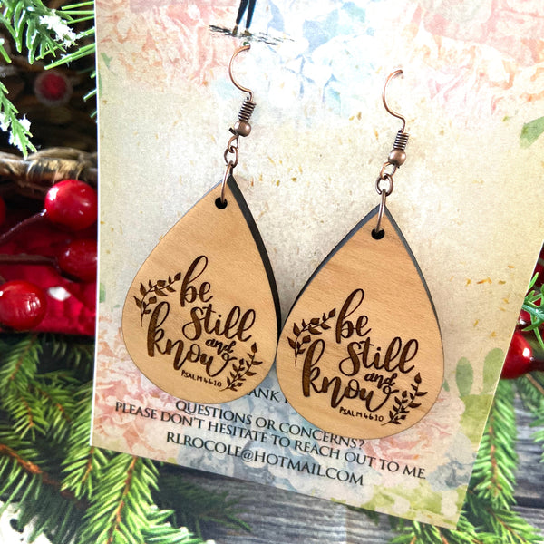 Be Still And Know Religious Wood Teardrop Earrings