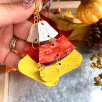 White, Pumpkin, and Sunflower Wildwood Joined Candy Corn Leather Earrings