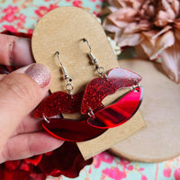 Lips Red Glitter and Mirror Acrylic Earrings