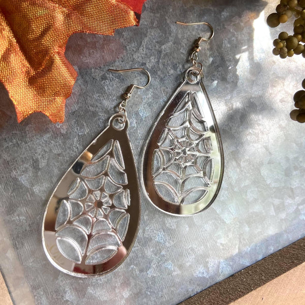 Silver Mirror Acrylic Spiderweb Teardrop Earrings