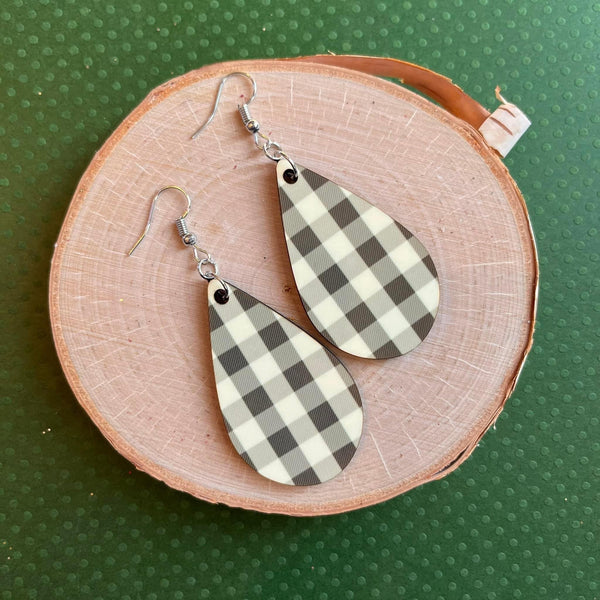 Ivory and Gray Plaid Sub Wood Teardrop Earrings