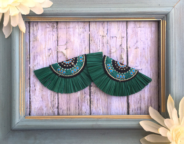 Decorative Evergreen Raffia Fan Earrings