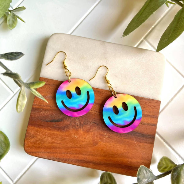 Tie Dye Wood Smiley Face Earrings