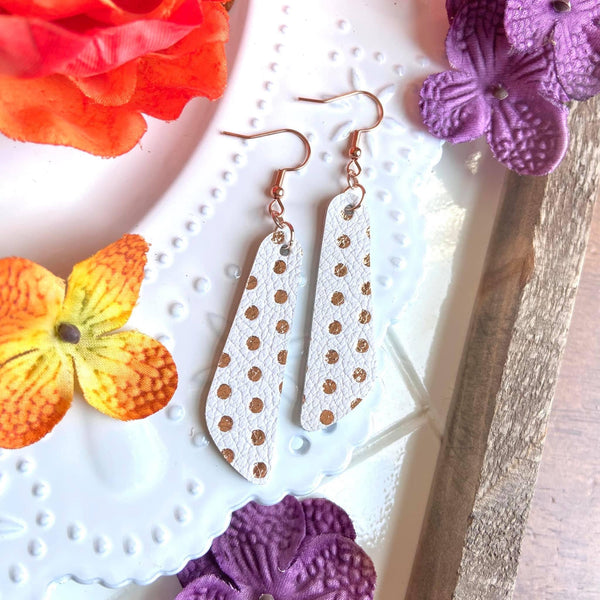 White and Shiny Rose Gold Polka Dot Leather Pendant Earrings