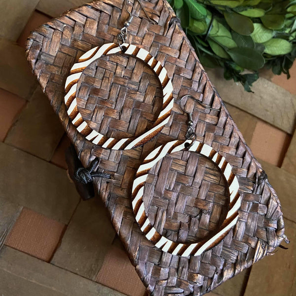 Whitewashed Engraved Wood Zebra Hoop Earrings