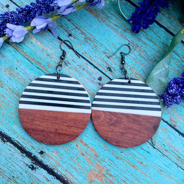 Wood and Acrylic Striped Dangle Earrings